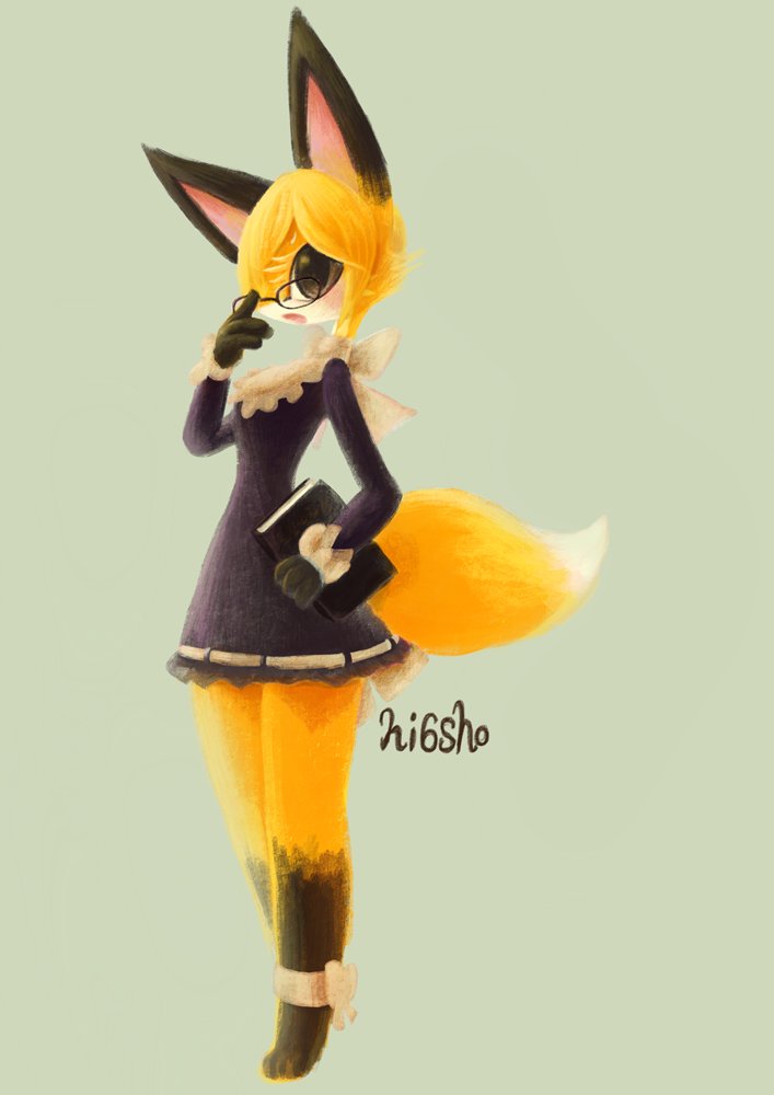 2019 anthro canid canine clothed clothing eyewear female fox fur glasses hair kemono long_ears mammal sho_shibamoto simple_background solo standing text