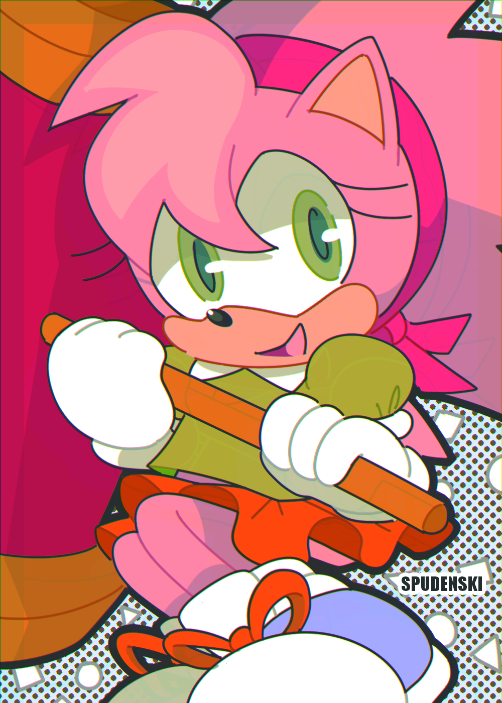 4_fingers amy_rose anthro black_nose bottomwear child clothing dotted_background eulipotyphlan eyelashes female fingers footwear fur gloves green_clothing green_eyes hammer handwear hedgehog hi_res holding_object mammal open_mouth pattern_background pink_fur rosy_the_rascal shoes simple_background skirt smile solo sonic_(series) spudenski tongue tools young