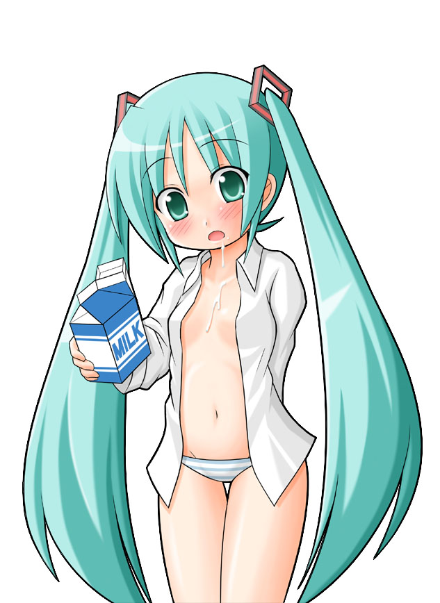 aqua_eyes aqua_hair blush hatsune_miku long_hair lowleg milk no_bra open_clothes open_shirt panties shirt solo striped striped_panties twintails underwear very_long_hair vocaloid youta_(asatsukidou)