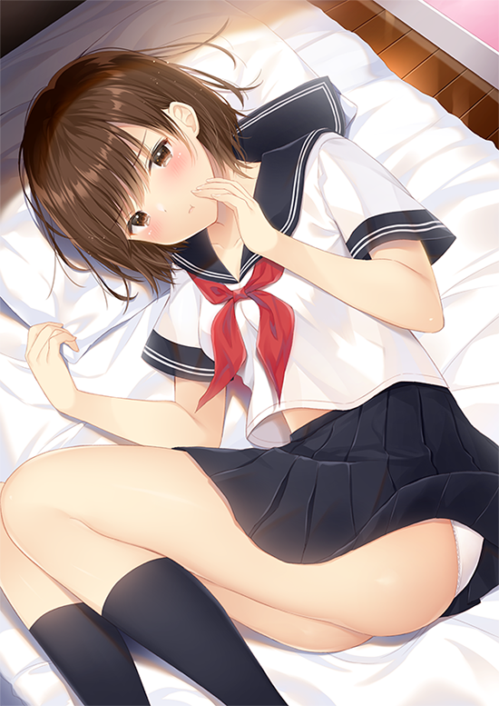 1girl bed black_legwear black_sailor_collar black_skirt brown_eyes brown_hair closed_mouth commentary_request feet_out_of_frame from_above kneehighs looking_at_viewer lying miniskirt neckerchief noda_shuha on_bed on_side original panties pillow pleated_skirt pout red_neckwear sailor_collar school_uniform serafuku shirt short_hair short_sleeves skirt solo underwear white_panties white_shirt