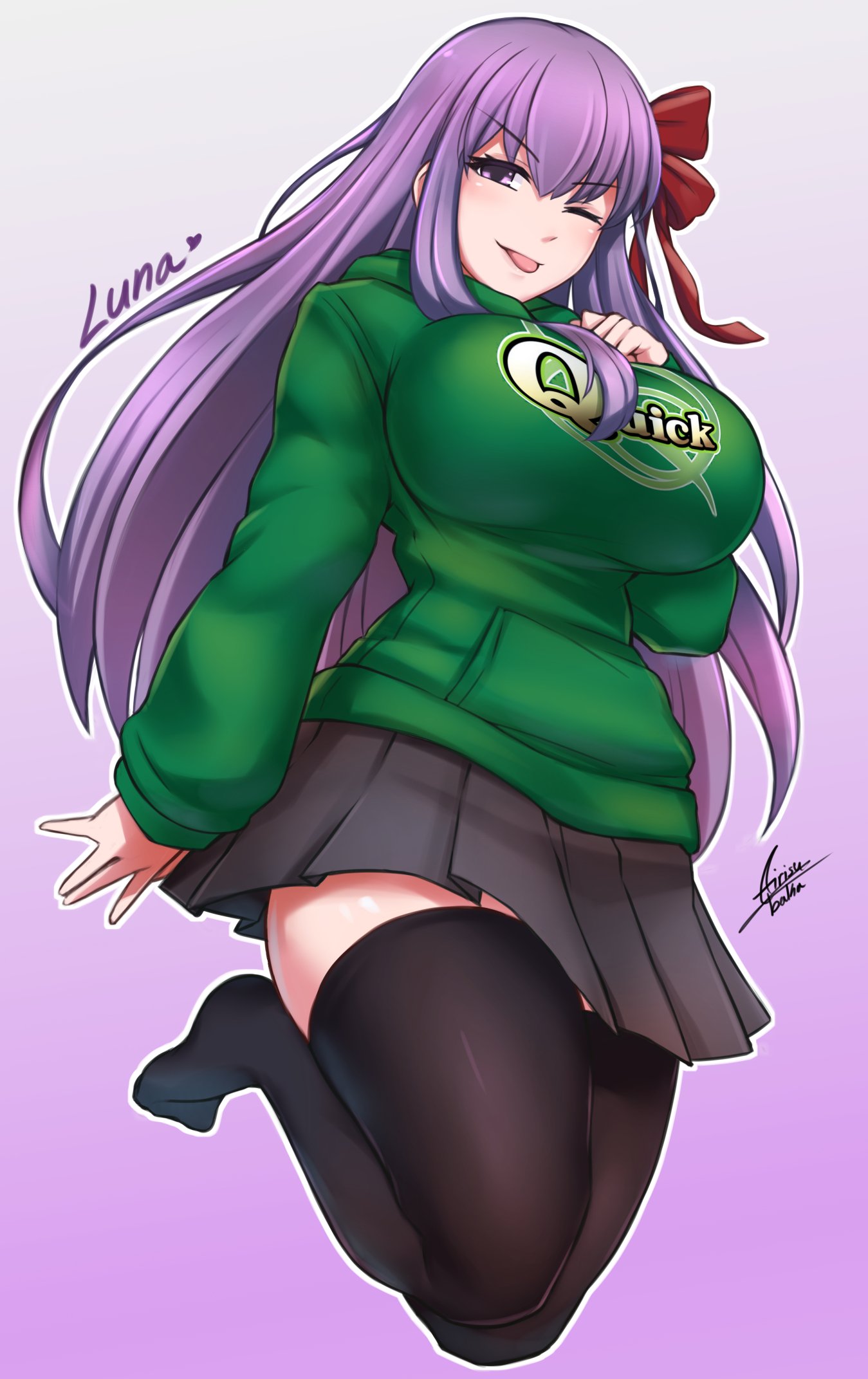 &gt;:p 1girl airisubaka alternate_costume bb_(fate)_(all) bb_(fate/extra_ccc) black_legwear breasts casual commentary commission english_commentary eyebrows_visible_through_hair fate/extra fate/extra_ccc fate/grand_order fate_(series) full_body gradient gradient_background green_sweatshirt hair_ribbon highres large_breasts long_hair looking_at_viewer miniskirt no_shoes one_eye_closed purple_background purple_eyes purple_hair red_ribbon ribbon signature simple_background skirt smile solo sweatshirt thighhighs tongue tongue_out very_long_hair watermark