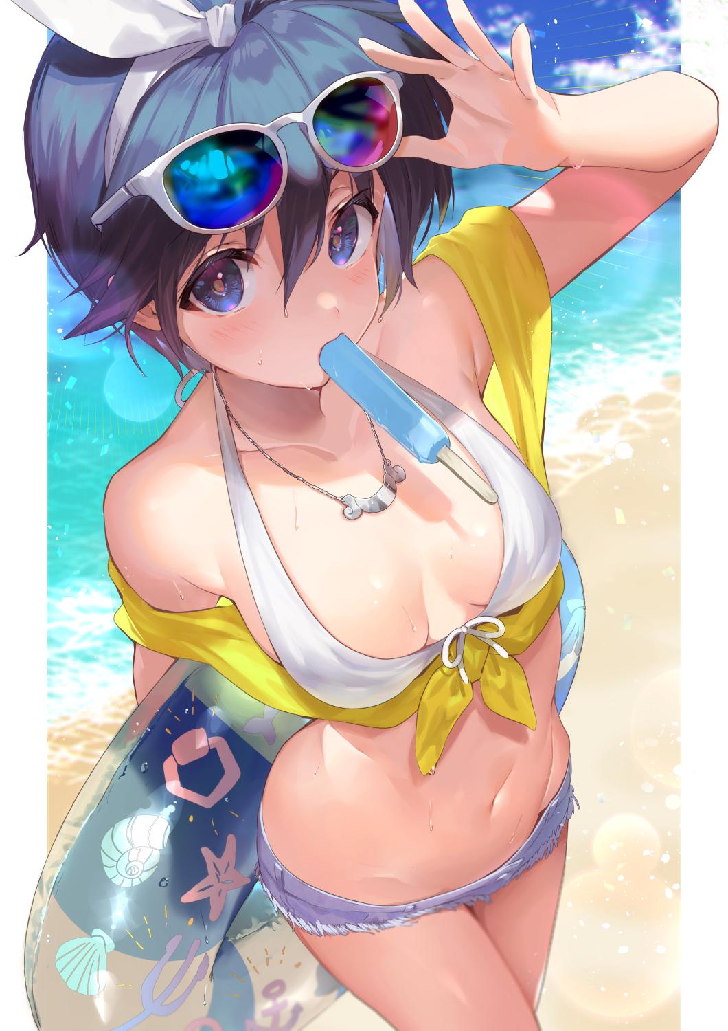 1girl arm_up bangs beach blue_hair blush breasts cleavage collarbone commentary_request cowboy_shot denim denim_shorts eyewear_on_head food from_above front-tie_bikini front-tie_top genderswap genderswap_(mtf) hair_between_eyes hairband highres holding holding_innertube houshin_engi innertube jewelry lens_flare looking_at_viewer looking_up medium_breasts mimoza_(96mimo414) mouth_hold navel necklace ocean outdoors popsicle ribbon short_hair short_shorts shorts stomach sunglasses sweat taikoubou water white-framed_eyewear white_bikini_top white_hairband white_ribbon yellow_ribbon