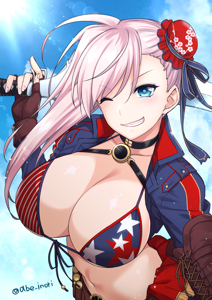 1girl abe_inori american_flag_bikini asymmetrical_hair bangs bikini blue_eyes breasts bun_cover cleavage cloud eyebrows_visible_through_hair fate/grand_order fate_(series) fingerless_gloves flag_print front-tie_top gloves grin hair_bun katana large_breasts lavender_hair long_hair looking_at_viewer miyamoto_musashi_(fate/grand_order) miyamoto_musashi_(swimsuit_berserker)_(fate) navel one_eye_closed shrug_(clothing) signature sky smile solo star strap_gap swimsuit sword twitter_username upper_body weapon