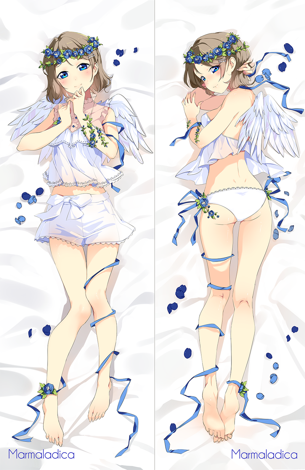 1girl artist_name bare_legs barefoot bed_sheet blouse blue_eyes blue_flower blue_ribbon blush breasts brown_hair closed_mouth commentary commission dakimakura dimples_of_venus english_commentary feathered_wings feet flower full_body hair_ornament hairclip hands_up head_wreath highres looking_at_viewer love_live! love_live!_sunshine!! lying marmalade_(elfless_vanilla) midriff multiple_views on_back on_stomach panties petals ribbon see-through short_hair shorts small_breasts smile underwear watanabe_you white_blouse white_panties white_shorts white_wings wings