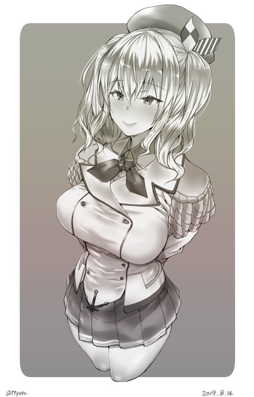 1girl arms_behind_back breasts buttons cowboy_shot cropped_legs epaulettes greyscale highres kantai_collection kashima_(kantai_collection) killing-inthe-name large_breasts long_sleeves military military_jacket military_uniform miniskirt monochrome neckerchief pleated_skirt sidelocks skirt solo tsurime twintails two-tone_background uniform wavy_hair