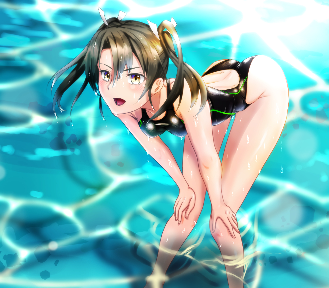 1girl bent_over black_swimsuit breasts commentary_request competition_swimsuit feet_out_of_frame green_eyes grey_hair hands_on_own_knees kantai_collection leaning_forward long_hair looking_at_viewer one-piece_swimsuit open_mouth parazan_d small_breasts smile solo standing swimsuit twintails water wet zuikaku_(kantai_collection)
