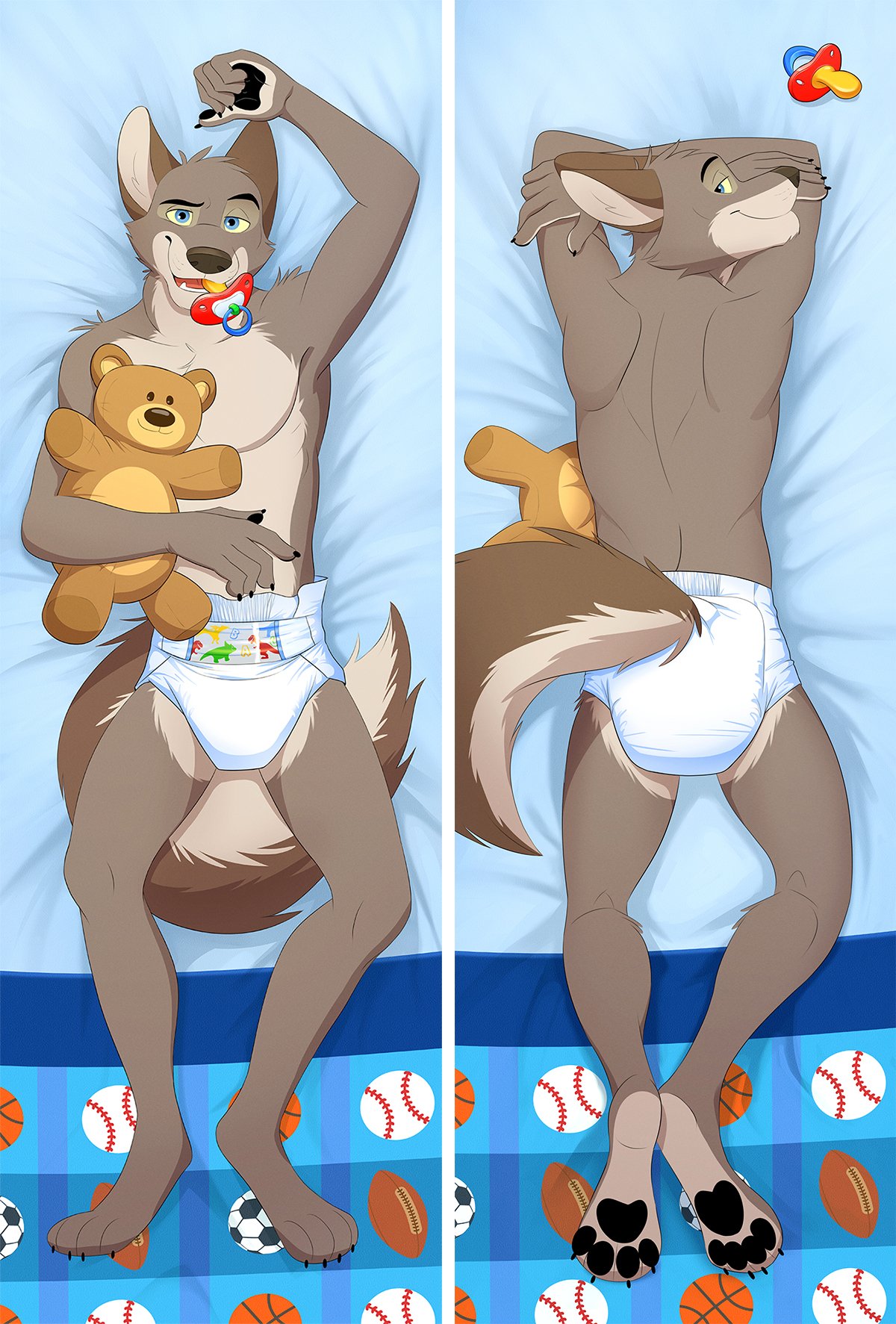 2019 5_fingers anthro black_pawpads blue_eyes brooks canid canine canis colt3n crossed_arms dakimakura_design diaper eyebrows fingers furgonomics hi_res hindpaw looking_at_viewer looking_back lying mammal on_back pacifier pawpads paws plushie raised_eyebrow solo wolf