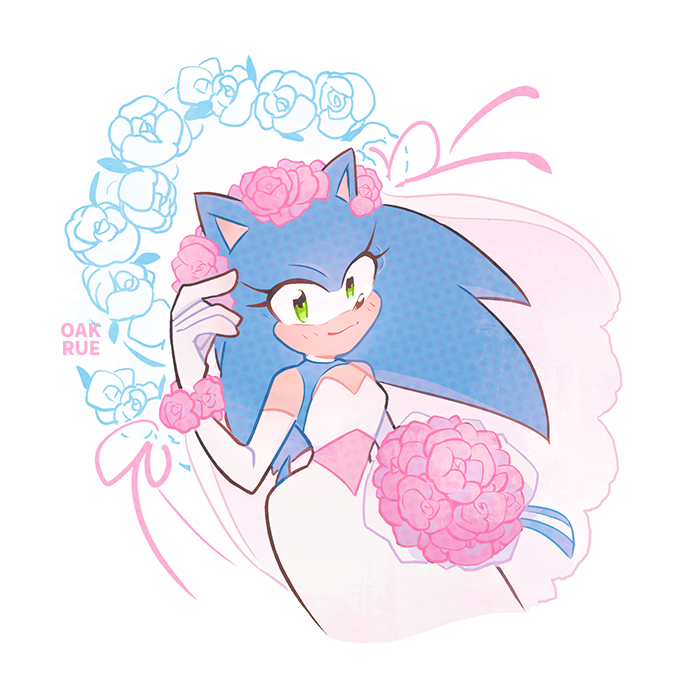 anthro armwear black_nose blue_hair bouquet clothing crossgender dress elbow_gloves eulipotyphlan eyelashes female flower flower_in_hair gloves green_eyes hair handwear hedgehog looking_at_viewer mammal oakrue plant simple_background smile sonic_(series) sonic_the_hedgehog wedding_dress wedding_gown white_background