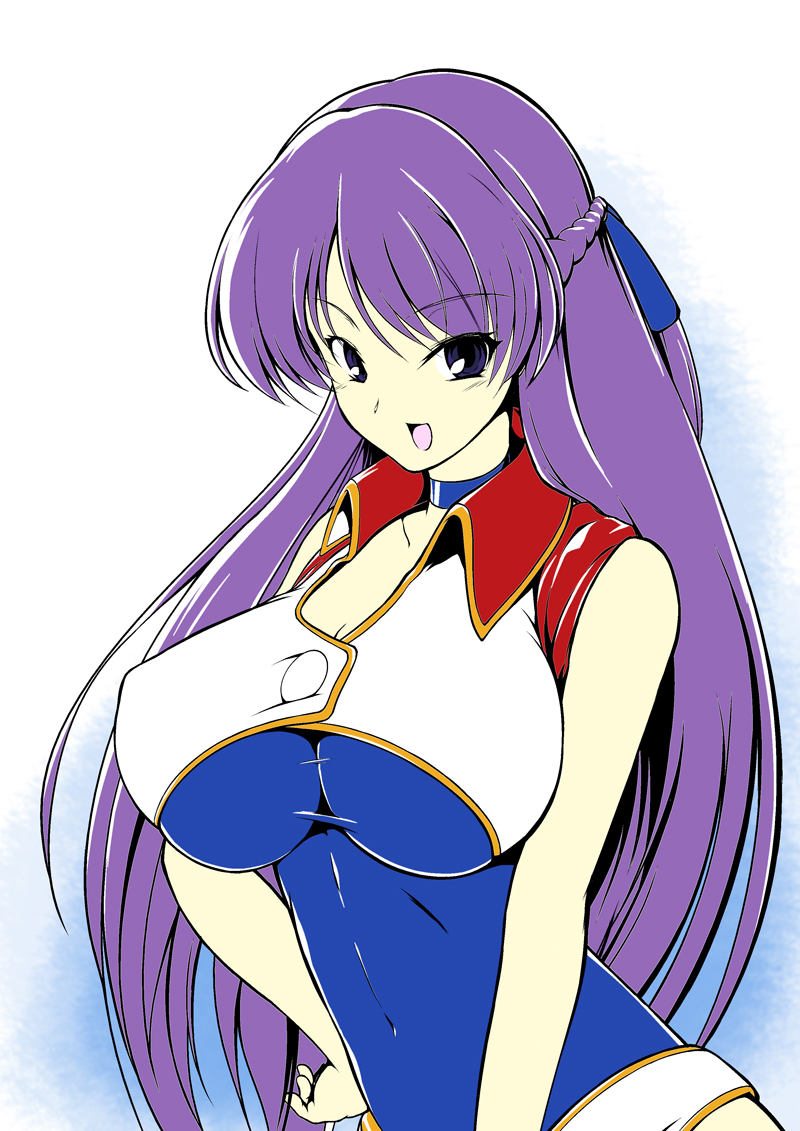 1girl 8000 blue_eyes bodysuit boots breasts choker cleavage collarbone covered_navel covered_nipples dirty_pair dirty_pair_flash hair_ribbon hand_on_hip long_hair open_mouth purple_hair ribbon sleeveless yuri_(dirty_pair_flash)