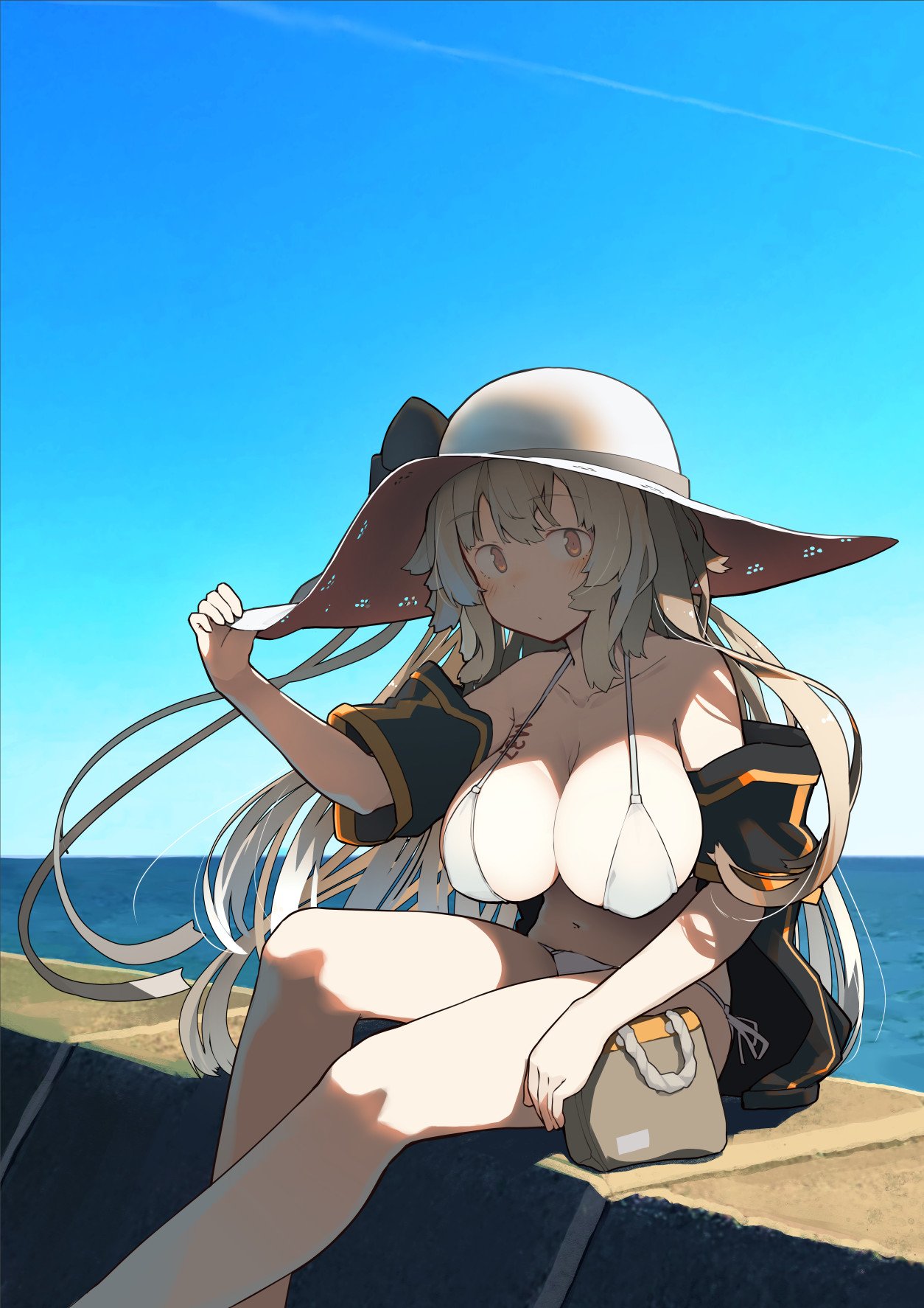 1girl :o bag bangs bikini blush bodypaint bow breasts brown_hair collarbone day eyebrows_visible_through_hair fuu_fuu girls_frontline handbag hat hat_bow highres ithaca_m37_(girls_frontline) jacket large_breasts long_hair navel orange_eyes outdoors shade side-tie_bikini sitting sky solo sun_hat swimsuit water white_bikini