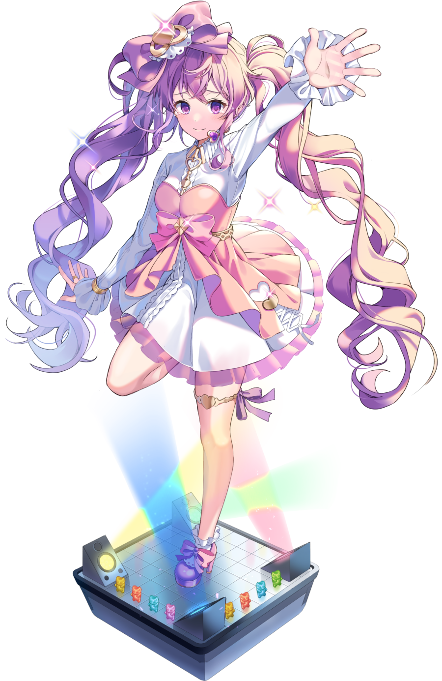 1girl aisha_landar arm_up bow breasts collared_shirt elsword glint hair_bow high_heels highres leg_up long_hair long_sleeves looking_at_viewer medium_breasts outstretched_arm pinb purple_eyes purple_hair shirt sidelocks skirt smile socks solo standing standing_on_one_leg tears twintails very_long_hair white_legwear white_shirt white_skirt