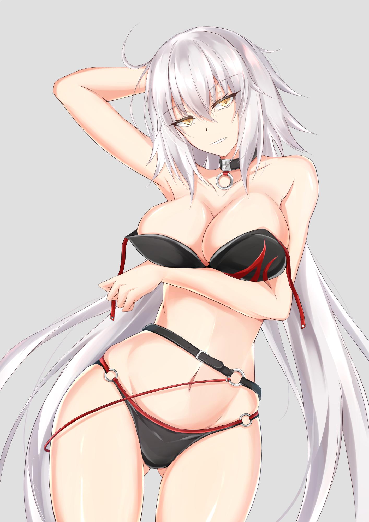 1girl arm_up armpits arms_behind_head ass_visible_through_thighs bangs bare_arms bare_shoulders belt bikini black_belt black_bikini black_choker choker commentary_request cowboy_shot eyebrows_visible_through_hair fate/grand_order fate_(series) grey_background grin groin hair_between_eyes highres jeanne_d'arc_(alter_swimsuit_berserker) jeanne_d'arc_(fate)_(all) long_hair looking_at_viewer navel o-ring o-ring_bikini piro_(iiiiiiiiii) sidelocks silver_hair simple_background skindentation smile solo standing stomach swimsuit thighs tsurime untied untied_bikini very_long_hair yellow_eyes