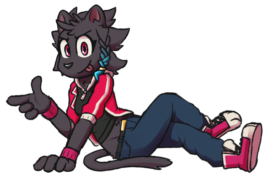 anthro black_fur black_hair black_nose clairen_(rivals_of_aether) clothed clothing felid female fur hair lovers_of_aether mammal maypul_syrup pantherine red_eyes rivals_of_aether smile solo tongue tongue_out video_games