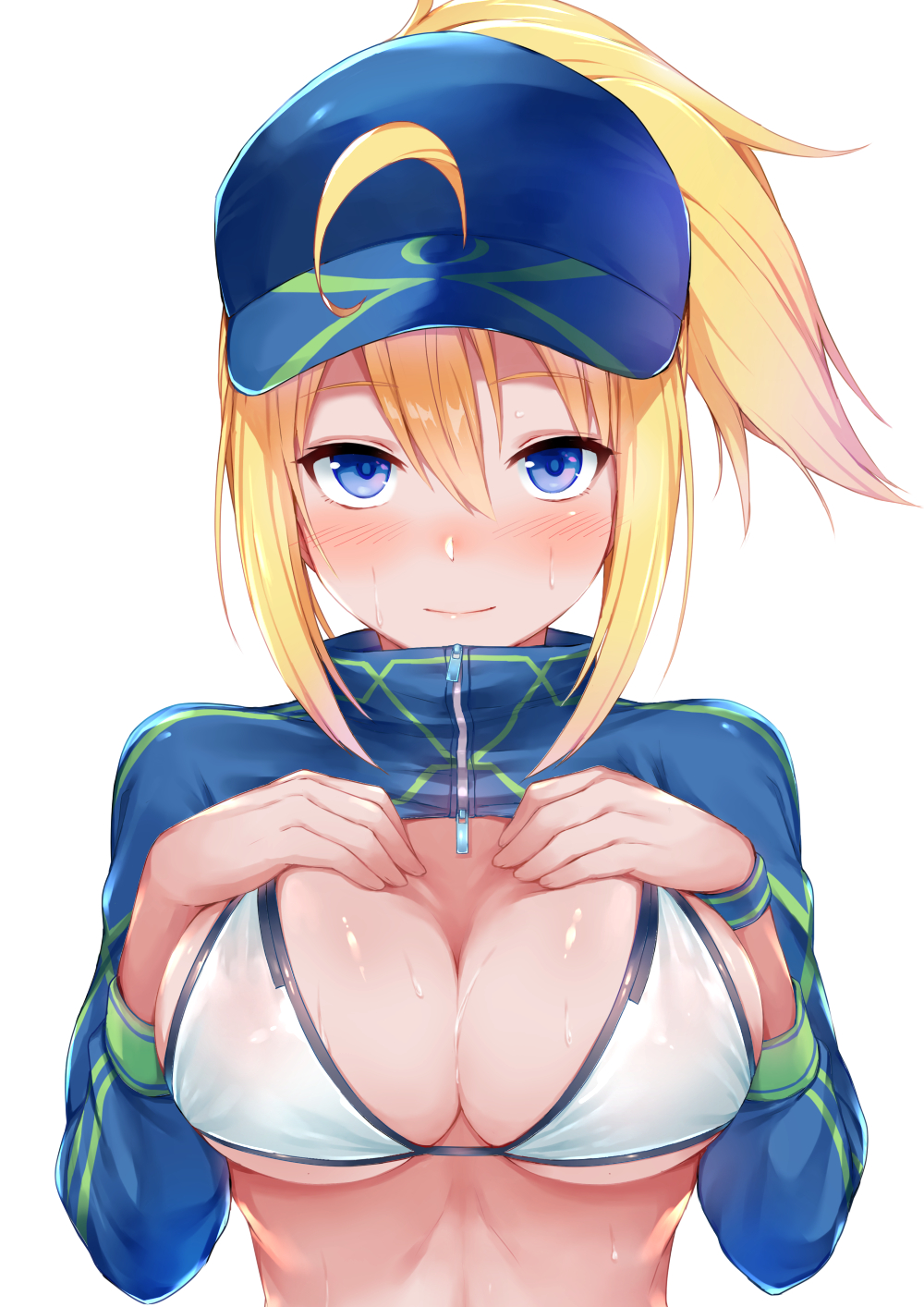 1girl ahoge artoria_pendragon_(all) bangs baseball_cap bikini blonde_hair blue_eyes blue_headwear blue_jacket blush breasts cleavage closed_mouth cropped_jacket fate/grand_order fate_(series) fumikiri hair_between_eyes hair_through_headwear hands_on_own_chest hat highres jacket large_breasts long_hair long_sleeves looking_at_viewer mysterious_heroine_xx_(foreigner) navel ponytail shrug_(clothing) sidelocks simple_background solo sweat swimsuit white_background white_bikini wristband zipper_pull_tab