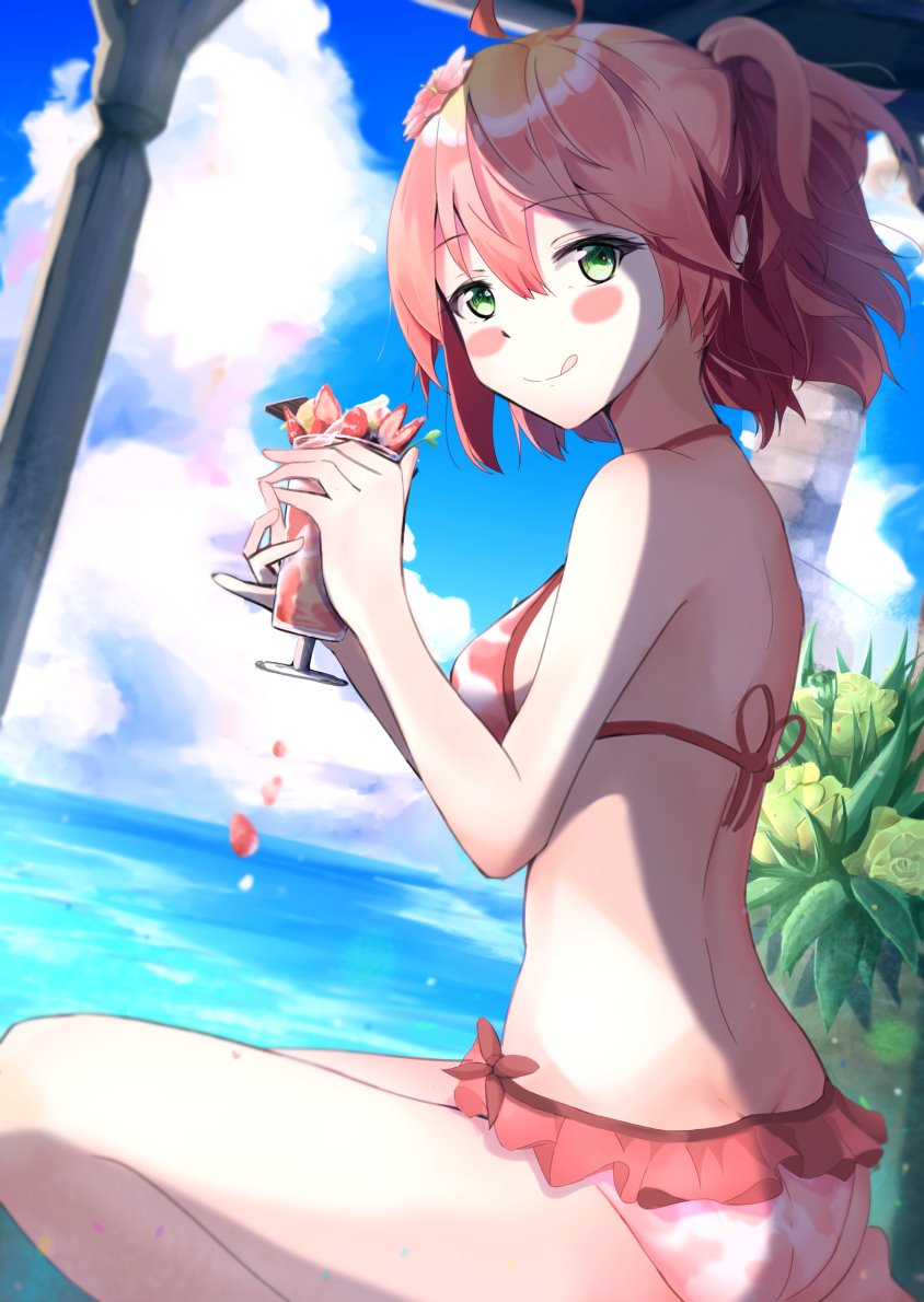 :p ahoge alternate_costume ass bangs bikini blue_sky blush breasts butt_crack cherry_blossoms cloud drink eyebrows_visible_through_hair flower green_eyes hair_between_eyes hair_flower hair_ornament holding_drink hololive medium_breasts medium_hair no_hairclip official_alternate_costume one_side_up pink_bikini pink_bikini_bottom pink_bikini_top pink_hair sakura_miko shoulder_blades sitting sky swimsuit thighs tongue tongue_out virtual_youtuber water wayuzz99