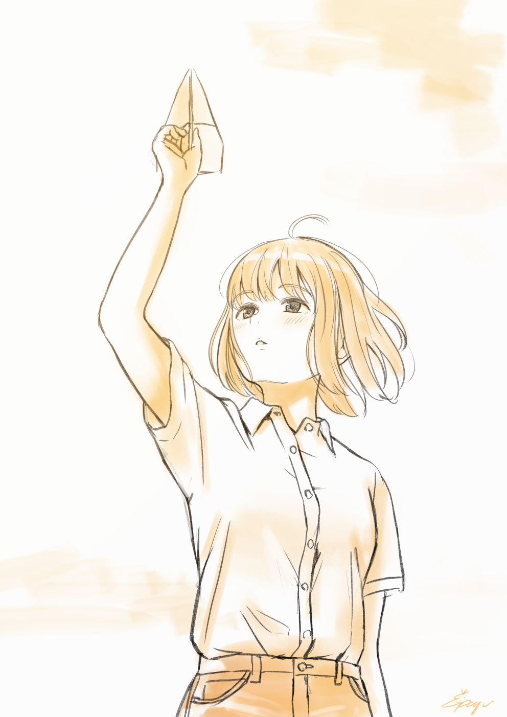 1girl ahoge arm_at_side arm_up bangs collared_shirt cowboy_shot from_below highres looking_afar love_live! love_live!_sunshine!! monochrome paper_airplane papi_(papiron100) parted_lips pocket shirt short_sleeves signature solo takami_chika throwing wind