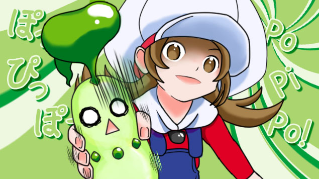 ! 2010 ambiguous_gender brown_eyes brown_hair chikorita clothed clothing creepy_smile d: dessartworks english_text female feral hair holding_(disambiguation) human humor japanese_text leaf long_hair looking_at_viewer lyra_(pok&eacute;mon) mammal nintendo o_o open_mouth overalls parody pok&eacute;mon pok&eacute;mon_(species) popipo scared shaking shirt smile stare text topwear video_games vocaloid white_eyes wide_eyed