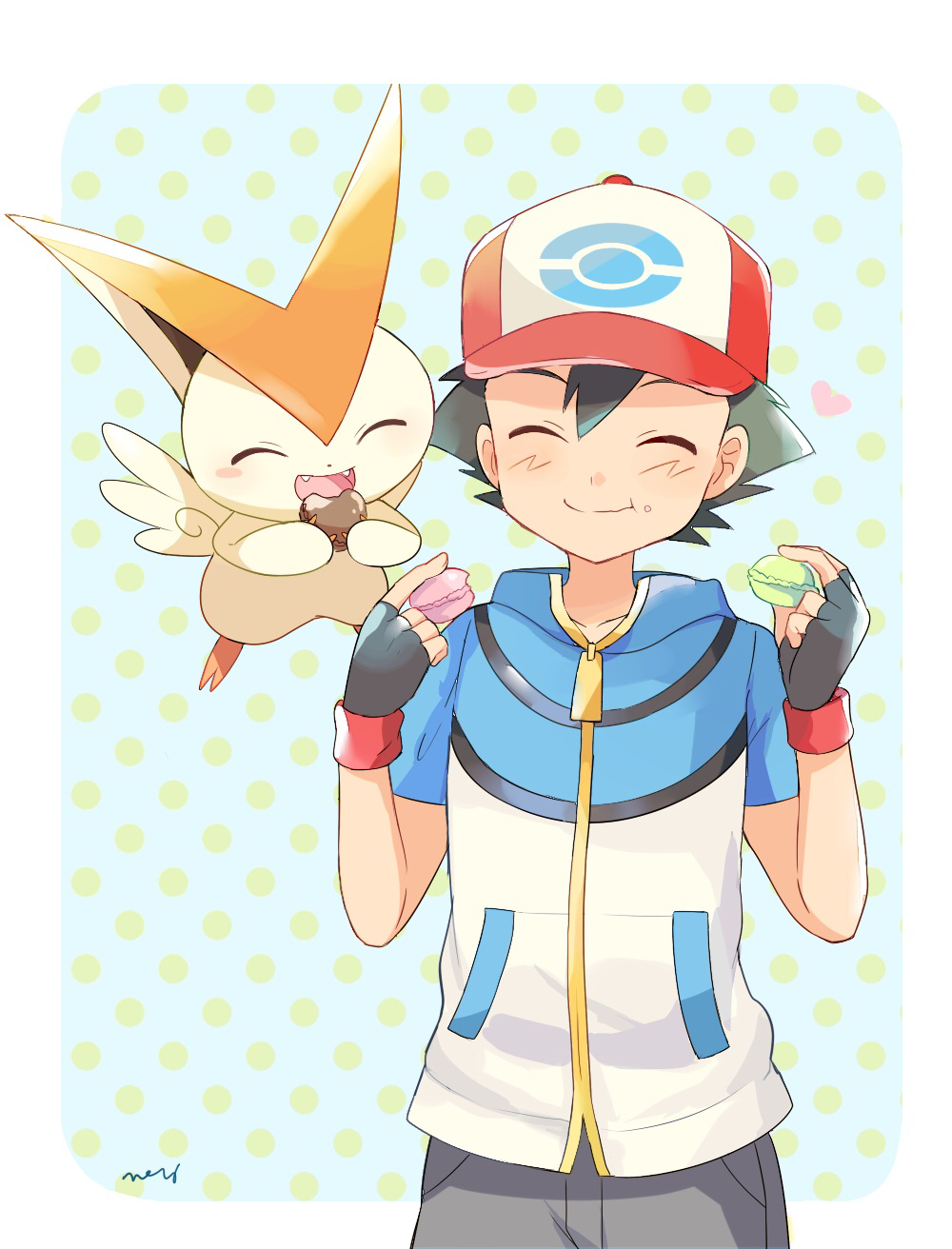 1boy artist_name bangs baseball_cap black_gloves black_hair black_pants blue_background blue_jacket blush blush_stickers border closed_eyes closed_mouth collarbone eating fangs fingerless_gloves floating food food_on_face full_body gen_5_pokemon gloves hands_up happy hat heart highres holding jacket jpeg_artifacts legendary_pokemon light_blush macaron male_focus mei_(maysroom) open_mouth pants poke_ball_symbol poke_ball_theme pokemon pokemon_(anime) pokemon_bw_(anime) polka_dot polka_dot_background red_headwear satoshi_(pokemon) short_sleeves signature simple_background smile standing victini white_border zipper zipper_pull_tab