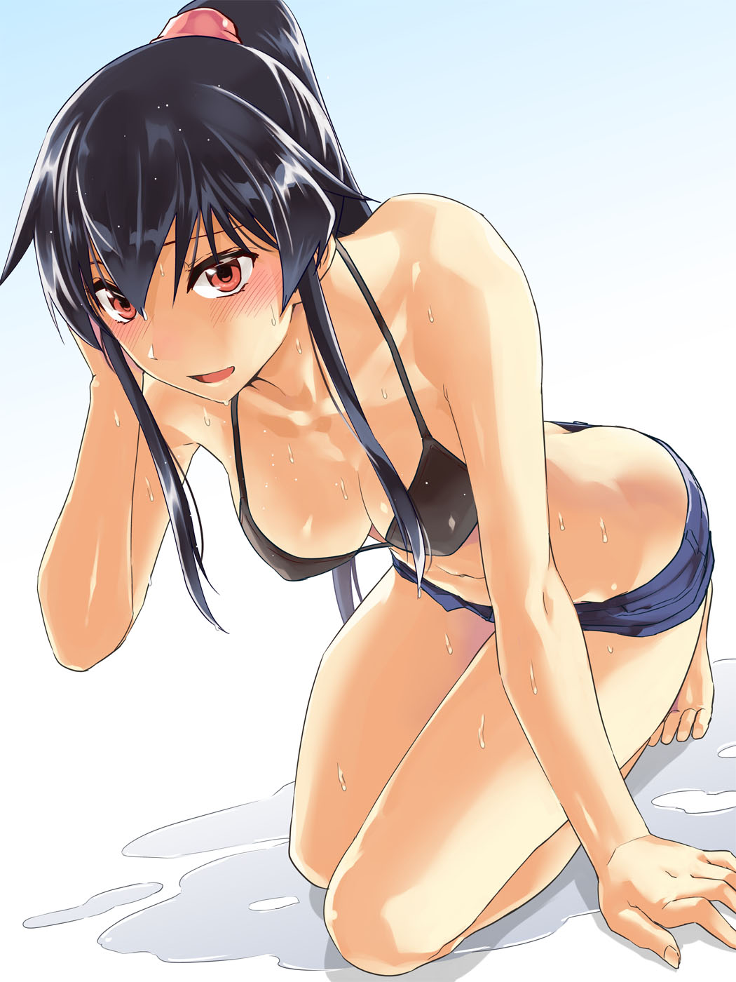 1girl abo_(hechouchou) barefoot bikini black_bikini black_hair blue_background blue_shorts breasts commentary_request full_body gradient gradient_background highres kantai_collection kneeling long_hair looking_at_viewer medium_breasts ponytail red_eyes scrunchie short_shorts shorts sidelocks smile solo swimsuit white_background yahagi_(kantai_collection)