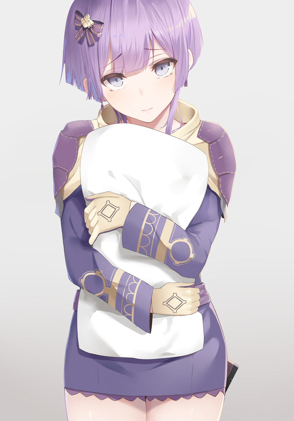 1girl bangs bernadetta_von_varley blue_eyes blunt_bangs blush bow brown_gloves closed_mouth commentary cowboy_shot dress english_commentary eyebrows_visible_through_hair fire_emblem fire_emblem:_three_houses frown gloves hair_bow highres long_sleeves looking_at_viewer mengo pauldrons pillow pillow_hug purple_bow purple_dress purple_hair short_dress solo thighs