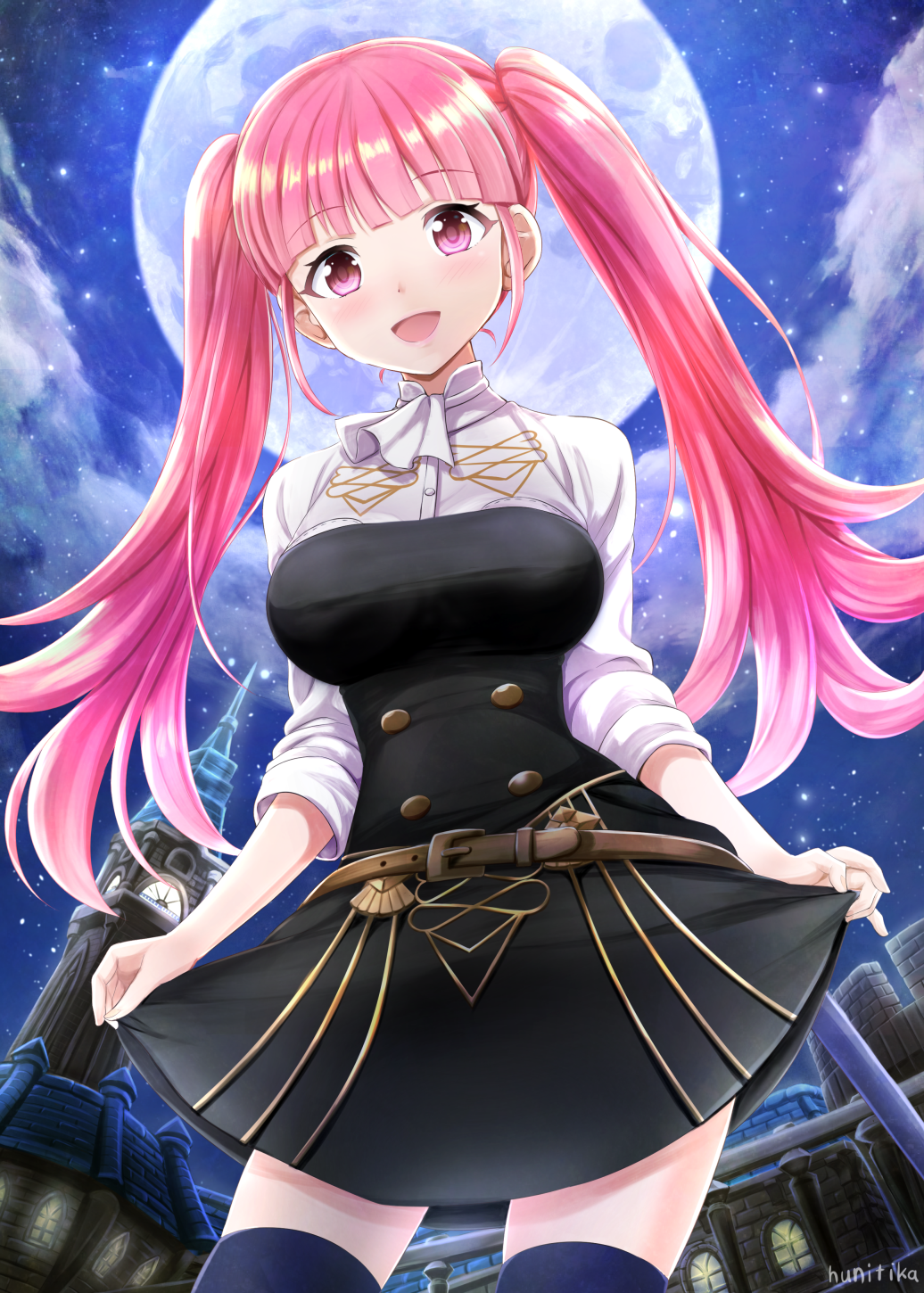 1girl :d bangs belt belt_buckle black_dress blue_legwear blunt_bangs blush breasts buckle building dress eyebrows_visible_through_hair fire_emblem fire_emblem:_three_houses fisheye from_below full_moon highres hilda_valentine_goneril large_breasts light_particles long_hair long_sleeves looking_at_viewer looking_down moon nichika_(nitikapo) night night_sky open_mouth outdoors pink_hair purple_eyes school_uniform shiny shiny_hair skirt_hold sky smile solo thighhighs twintails very_long_hair zettai_ryouiki