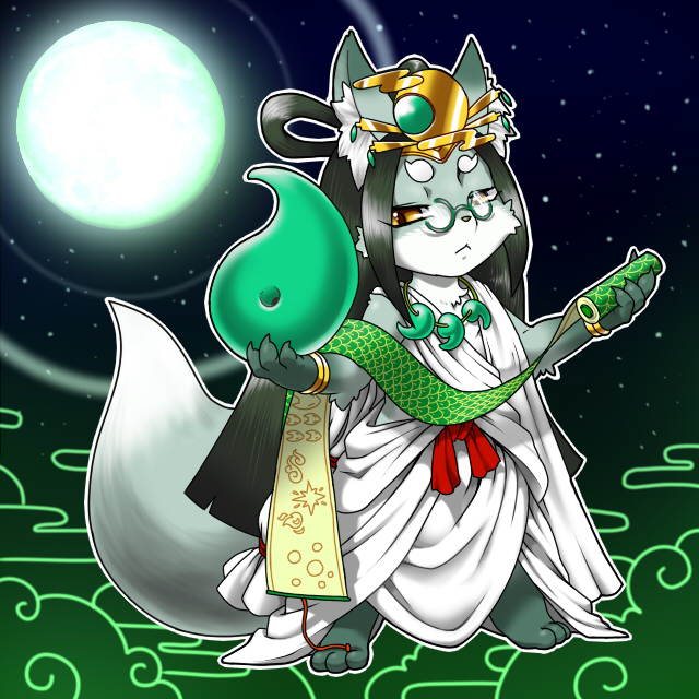 1:1 2014 abstract_background ambiguous_gender anthro canid canine clothed clothing concon-collector eyewear fox fur glasses green_hair hair mammal moon no3512 official_art robe scroll solo