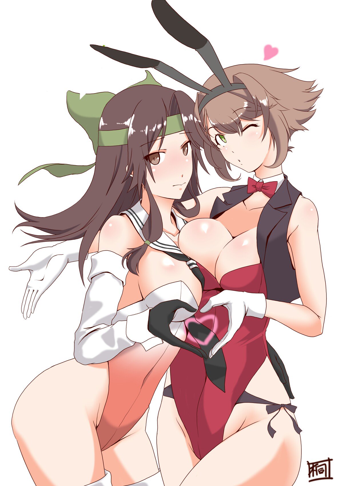 2girls adapted_costume animal_ears artist_logo black_gloves black_neckwear black_vest bow bowtie breasts brown_eyes brown_hair bunny_ears bunny_tail bunnysuit cleavage collarbone cowboy_shot detached_collar detached_sleeves forehead_protector gloves green_eyes hachimaki hair_intakes headband headgear heart heart_hands heart_hands_duo highres jintsuu_(kantai_collection) kantai_collection kiriki_haruomi large_breasts leotard long_hair looking_at_viewer multiple_girls mutsu_(kantai_collection) neckerchief orange_leotard playboy_bunny_leotard red_leotard red_neckwear remodel_(kantai_collection) short_hair simple_background strapless strapless_leotard tail thighhighs vest white_background white_gloves