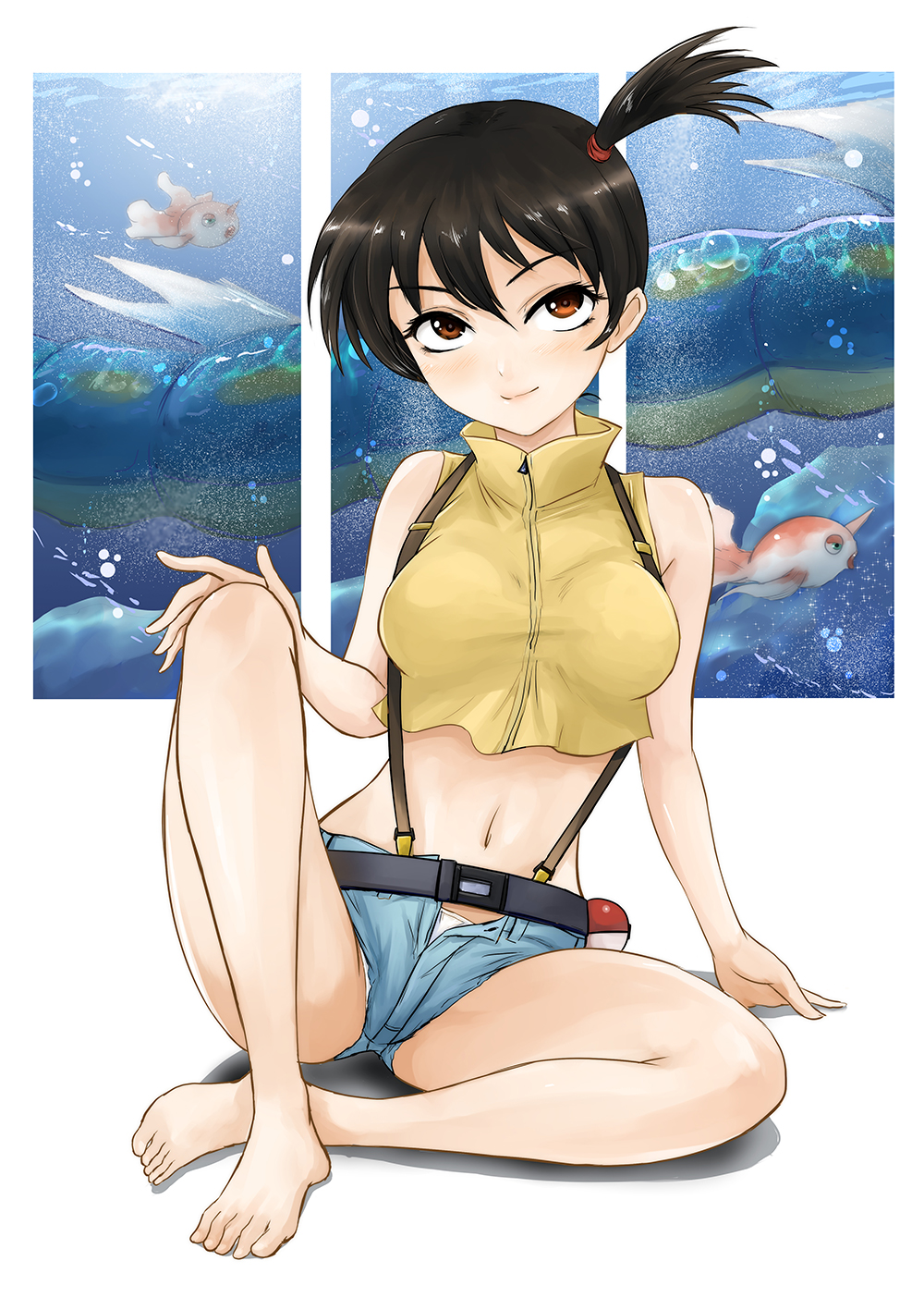 1girl alternate_breast_size alternate_color alternate_eye_color alternate_hair_color arm_support bangs bare_arms bare_legs bare_shoulders barefoot belt black_hair blush breasts brown_eyes closed_mouth collared_shirt commentary_request crop_top crossed_ankles cutoffs dengeki!_pikachu denim denim_shorts eyelashes gen_1_pokemon goldeen gyarados gym_leader hand_on_own_knee high_collar highleg highleg_shorts highres kasumi_(pokemon) legs looking_at_viewer medium_breasts micro_shorts midriff navel open_clothes open_fly open_shorts panties panty_peek poke_ball pokemon pokemon_(creature) shiny shiny_hair shirt short_hair shorts side_ponytail sitting smile solo stomach underwear very_short_hair white_panties yellow_shirt
