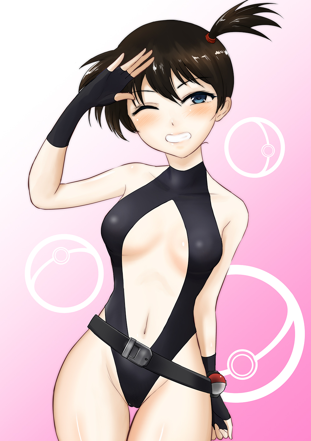 1girl alternate_breast_size alternate_eye_color alternate_hair_color arm_at_side bangs bare_hips bare_shoulders belt black_swimsuit blue_eyes blush breasts breasts_apart brown_hair cameltoe commentary_request covered_collarbone dengeki!_pikachu eyelashes grin gym_leader hand_up head_tilt highleg highleg_swimsuit highres kasumi_(pokemon) looking_at_viewer medium_breasts midriff navel one-piece_swimsuit pink_background poke_ball poke_ball_(generic) pokemon shiny shiny_hair short_hair side_ponytail smile solo stomach swimsuit thigh_gap turtleneck very_short_hair waist_poke_ball
