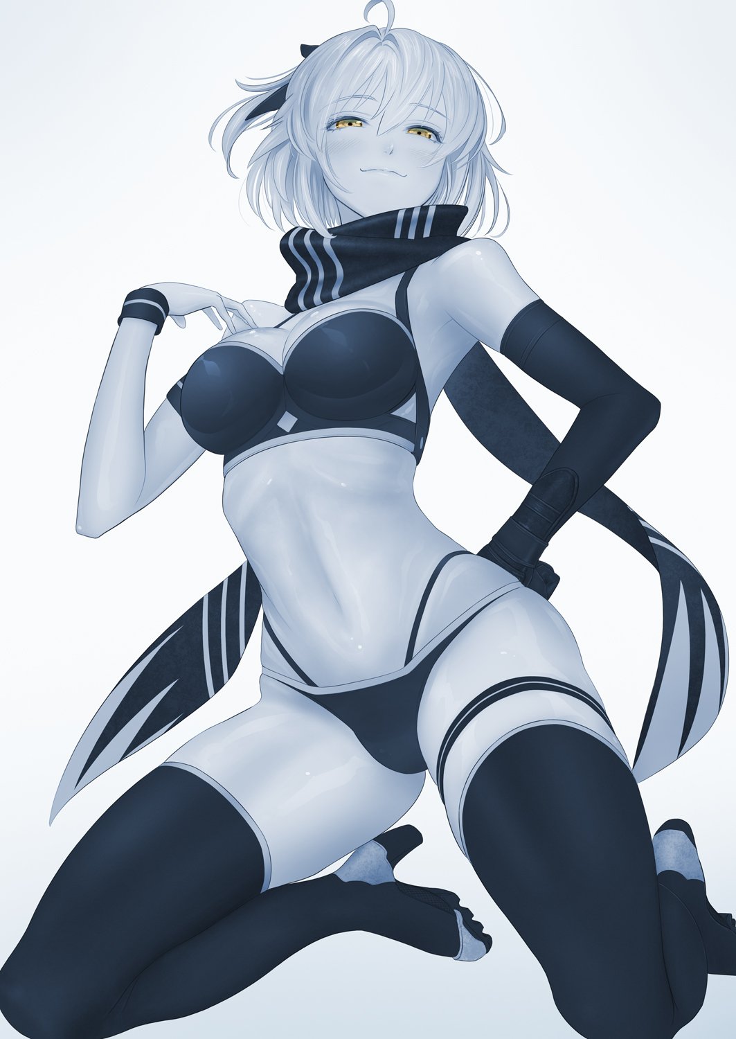 1girl :3 ahoge bikini black_bikini black_bow black_gloves black_scarf blush bow breasts cleavage commentary eyes fate/grand_order fate_(series) gloves glowing glowing_eyes grey_background greyscale hair_bow half-closed hand_on_hip high_heels highres imizu_(nitro_unknown) limited_palette looking_at_viewer monochrome navel okita_souji_(fate) okita_souji_(fate)_(all) okita_souji_(swimsuit_assassin)_(fate) scarf short_hair simple_background single_glove smile smug solo stomach swimsuit thighhighs thighs yellow_eyes