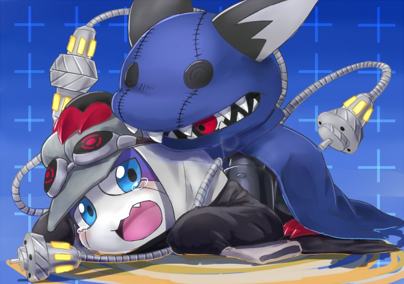ambiguous_gender appmon_(species) blue_eyes blush bodily_fluids canid canine clothing crying digimon digimon_(species) eyewear fangs goggles hackmon hackmon_(appmon) hat headgear headwear machine mammal monster offmon red_eyes tears