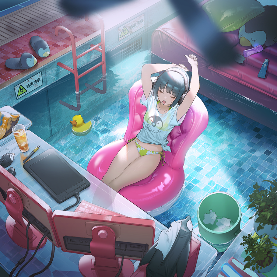 1girl bikini bird clothes_writing computer drawing_tablet dual_monitor english_text front-tie_top glass headphones inflatable_toy keyboard_(computer) mixed-language_commentary mogumo monitor original penguin pillow plant pool pool_ladder rubber_duck shirt slippers solo stretch stuffed_toy stylus swimsuit swimsuit_under_clothes t-shirt text_focus tied_shirt tissue_box trash_can tube water wet wet_clothes wet_shirt wet_t-shirt yawning