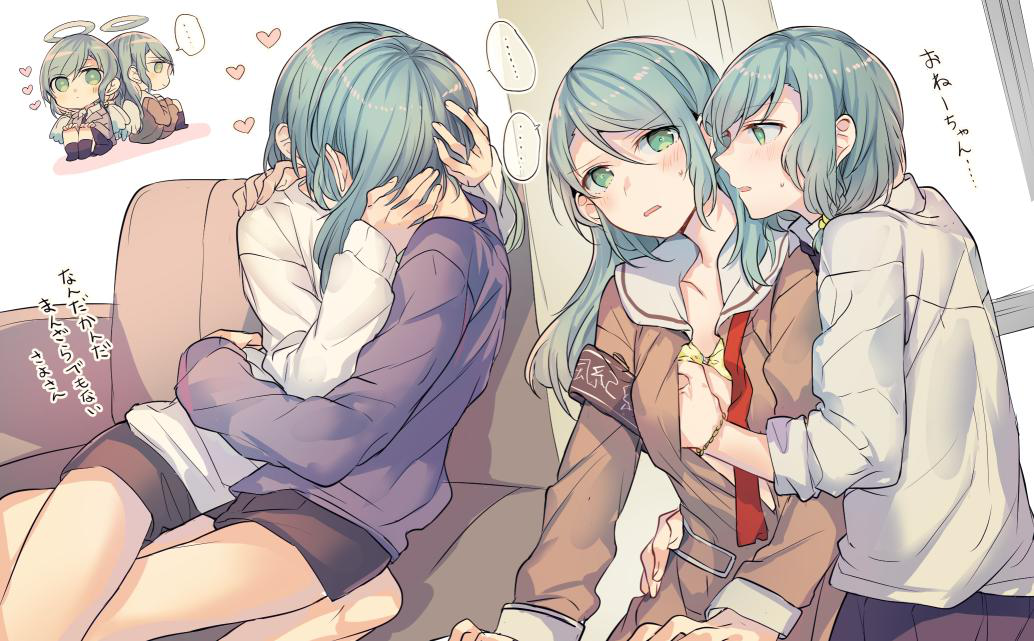 ... 2girls aqua_hair armband bang_dream! black_shorts blue_shirt blush bra breast_grab brown_dress chibi couch cuddling dress grabbing green_eyes halo hanasakigawa_school_uniform hand_under_clothes haneoka_school_uniform heart hikawa_hina hikawa_sayo hug incest kiss long_hair long_sleeves mikan-uji multiple_girls multiple_views open_clothes open_dress sailor_dress school_uniform shirt short_hair short_shorts shorts siblings sisters sitting spoken_ellipsis sweatdrop twins underwear white_shirt yellow_bra yuri