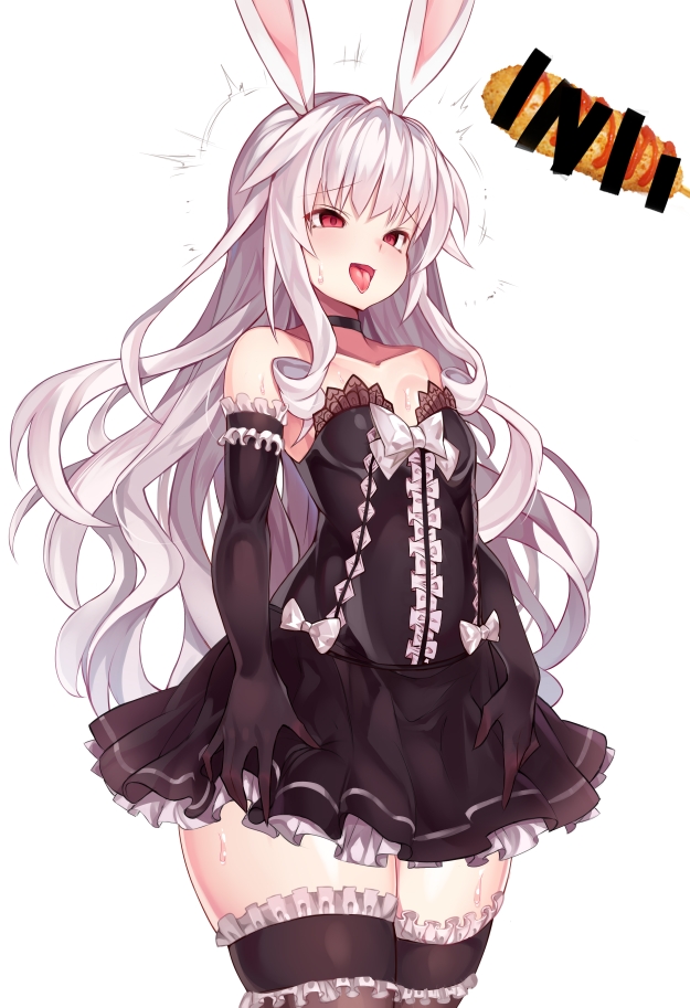 1girl animal_ears black_dress black_gloves black_legwear bunny_ears choker commentary_request ddg160 dress elbow_gloves elin_(tera) food garters gloves korean_commentary long_hair open_mouth red_eyes short_dress silver_hair simple_background solo tera_online thighhighs tongue tongue_out very_long_hair white_background zettai_ryouiki