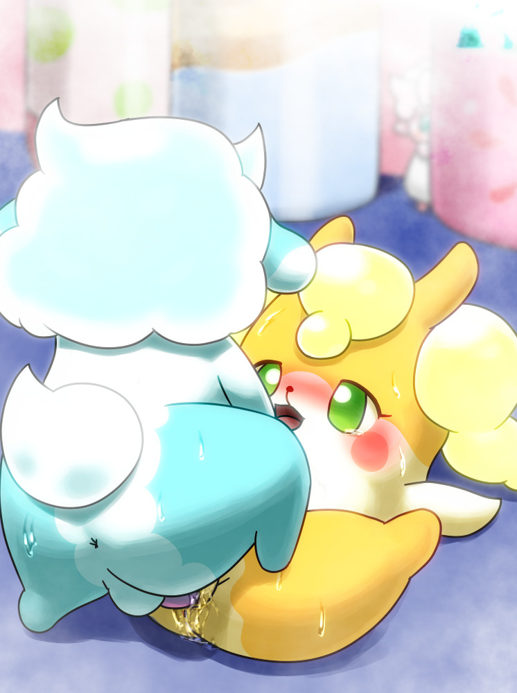 anthro anthro_on_anthro anus awawa_(cocotama) blue_fur blush butt cocotama duo featureless_limbs female fur green_eyes himitsu_no_cocotama lying male male/female mammal multicolored_fur nude on_back open_mouth parine penetration penis pussy sarine sex two_tone_fur vaginal vaginal_penetration white_fur yellow_fur 九尾