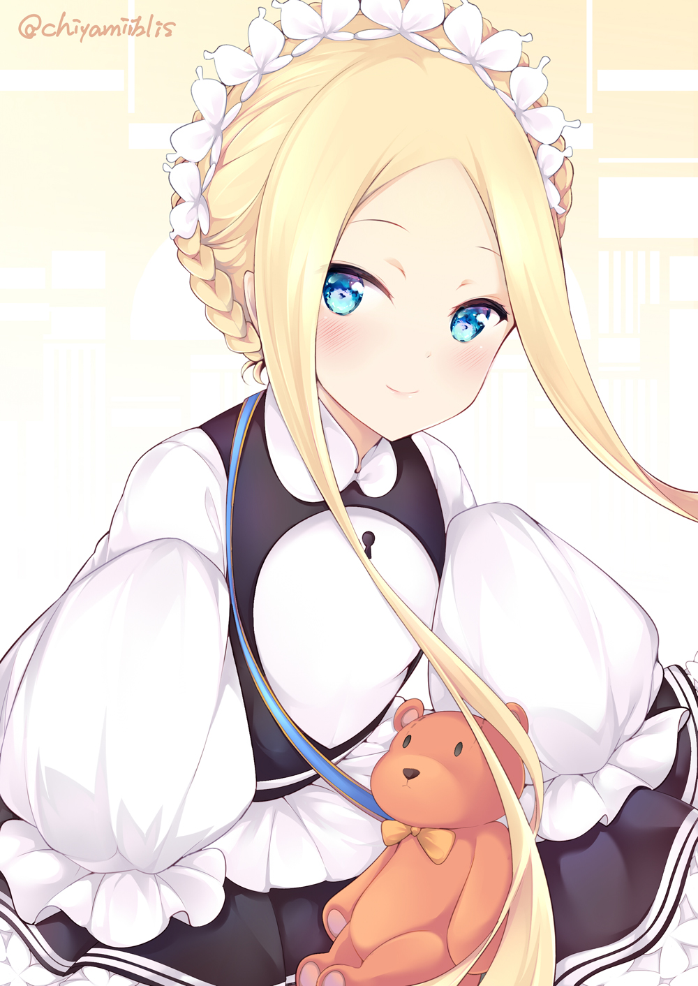 1girl abigail_williams_(fate/grand_order) bangs black_skirt blonde_hair blue_eyes blush braid breasts chiyami closed_mouth dress fate/grand_order fate_(series) forehead french_braid heroic_spirit_festival_outfit highres keyhole long_hair long_sleeves looking_at_viewer maid_headdress parted_bangs puffy_sleeves skirt sleeves_past_fingers sleeves_past_wrists small_breasts smile solo stuffed_animal stuffed_toy teddy_bear white_bloomers white_dress
