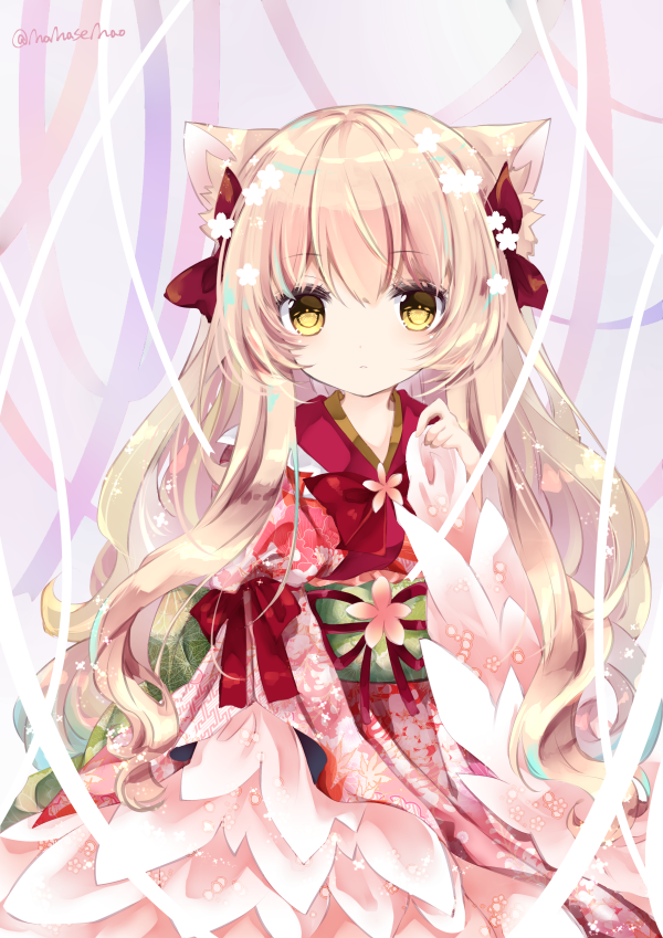 1girl animal_ear_fluff animal_ears bangs bow cat_ears closed_mouth commentary_request eyebrows_visible_through_hair flower grey_background hair_between_eyes hair_bow hair_flower hair_ornament hand_up japanese_clothes kimono light_brown_hair long_hair long_sleeves looking_at_viewer nanase_kureha nanase_nao obi original red_bow red_kimono sash sleeves_past_wrists solo twitter_username very_long_hair white_flower wide_sleeves yellow_eyes