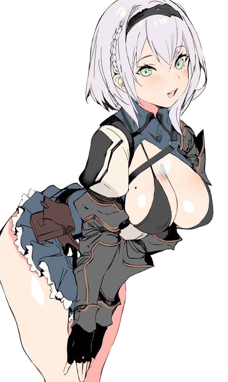 1girl alternate_costume armor ass belt black_armor black_bikini_top black_gloves blue_collar blue_skirt braid breasts cleavage collar eyebrows_visible_through_hair fingerless_gloves gloves green_eyes hands_on_own_knees highres hololive large_breasts looking_at_viewer magaeshi medium_hair miniskirt mole mole_on_breast open_mouth shirogane_noel shoulder_armor skirt solo thighs upper_teeth utility_belt virtual_youtuber white_background white_hair wrist_guards