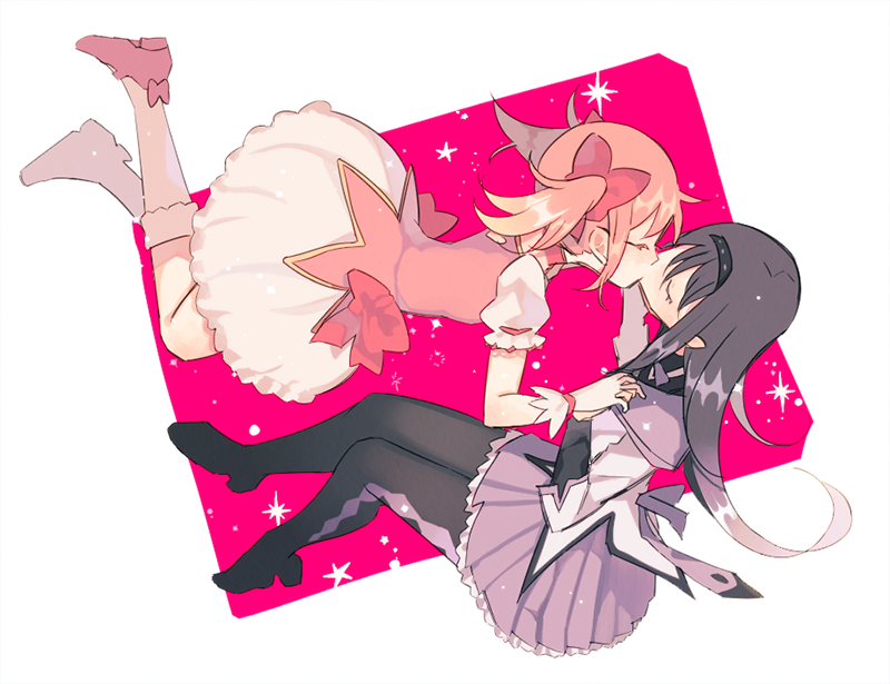 2girls akemi_homura argyle argyle_legwear black_hair black_hairband black_legwear bubble_skirt closed_eyes commentary dutch_angle floating floating_hair full_body gloves hair_ribbon hairband holding_hands interlocked_fingers kaname_madoka kiss kiss_day long_hair mahou_shoujo_madoka_magica multiple_girls pc_(z_yu) pink_background pink_footwear pink_hair pink_ribbon pleated_skirt profile puffy_short_sleeves puffy_sleeves purple_skirt ribbon shiny shiny_hair short_sleeves short_twintails simple_background skirt socks sparkle sparkle_background twintails two-tone_background white_background white_gloves white_legwear yuri