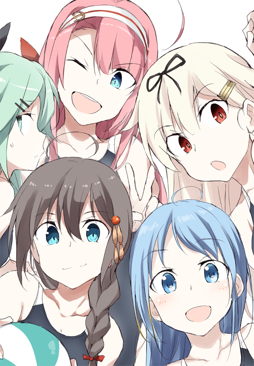 5girls ahoge ball bangs beachball black_hair black_ribbon black_swimsuit blonde_hair blue_eyes blue_hair braid competition_swimsuit gradient_hair green_eyes green_hair hair_between_eyes hair_flaps hair_ornament hair_over_shoulder hair_ribbon hairband hairclip kantai_collection kawakaze_(kantai_collection) long_hair looking_at_viewer low_twintails multicolored_hair multiple_girls one-piece_swimsuit open_mouth parted_bangs red_hair remodel_(kantai_collection) ribbon samidare_(kantai_collection) shigure_(kantai_collection) sidelocks single_braid souji swept_bangs swimsuit twintails upper_body very_long_hair yamakaze_(kantai_collection) yuudachi_(kantai_collection)