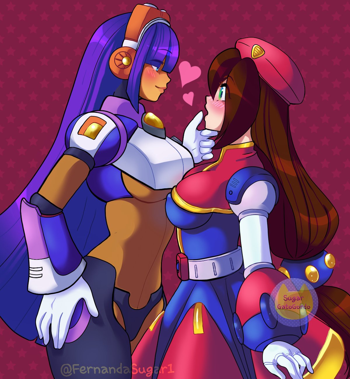 1girl 2girls android bangs beret blue_eyes blunt_bangs blush breast_press breasts brown_hair capcom chin_grab dark_skin fernandasugar1 gloves green_eyes hair_between_eyes hair_over_eyes hand_on_hip hat headgear headset highres hime_cut iris_(rockman_x) large_breasts layer long_hair looking_at_another low-tied_long_hair multiple_girls open_mouth profile purple_hair red_headwear robot_ears rockman rockman_x simple_background smile symmetrical_docking twitter_username underboob very_long_hair yuri