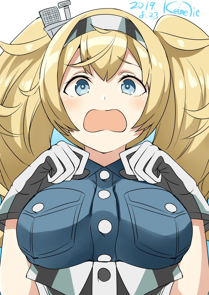 1girl blonde_hair blue_eyes blue_shirt breast_pocket breasts collared_shirt commentary_request dated gambier_bay_(kantai_collection) gloves gradient gradient_background hair_between_eyes hairband headgear highres kamelie kantai_collection large_breasts multicolored multicolored_clothes multicolored_gloves open_mouth pocket shirt solo twintails twitter_username upper_body white_background white_gloves