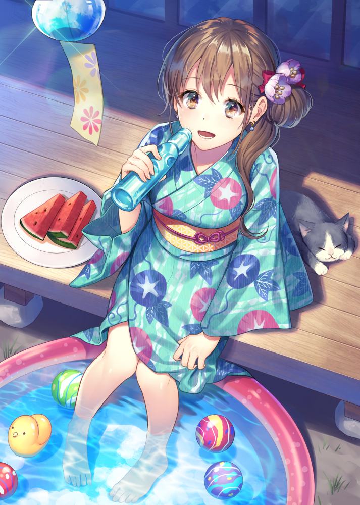 1girl :d animal aqua_kimono ball bottle breasts brown_eyes brown_hair cat commentary_request day earrings flower food from_above glint hair_bun hair_flower hair_ornament holding holding_bottle japanese_clothes jewelry kimono long_hair long_sleeves looking_at_viewer looking_up obi open_mouth original plate popsicle print_kimono rubber_duck sash side_bun side_ponytail sitting small_breasts smile solo sunlight veranda wading wading_pool water water_bottle watermelon_bar wide_sleeves wind_chime yamyom