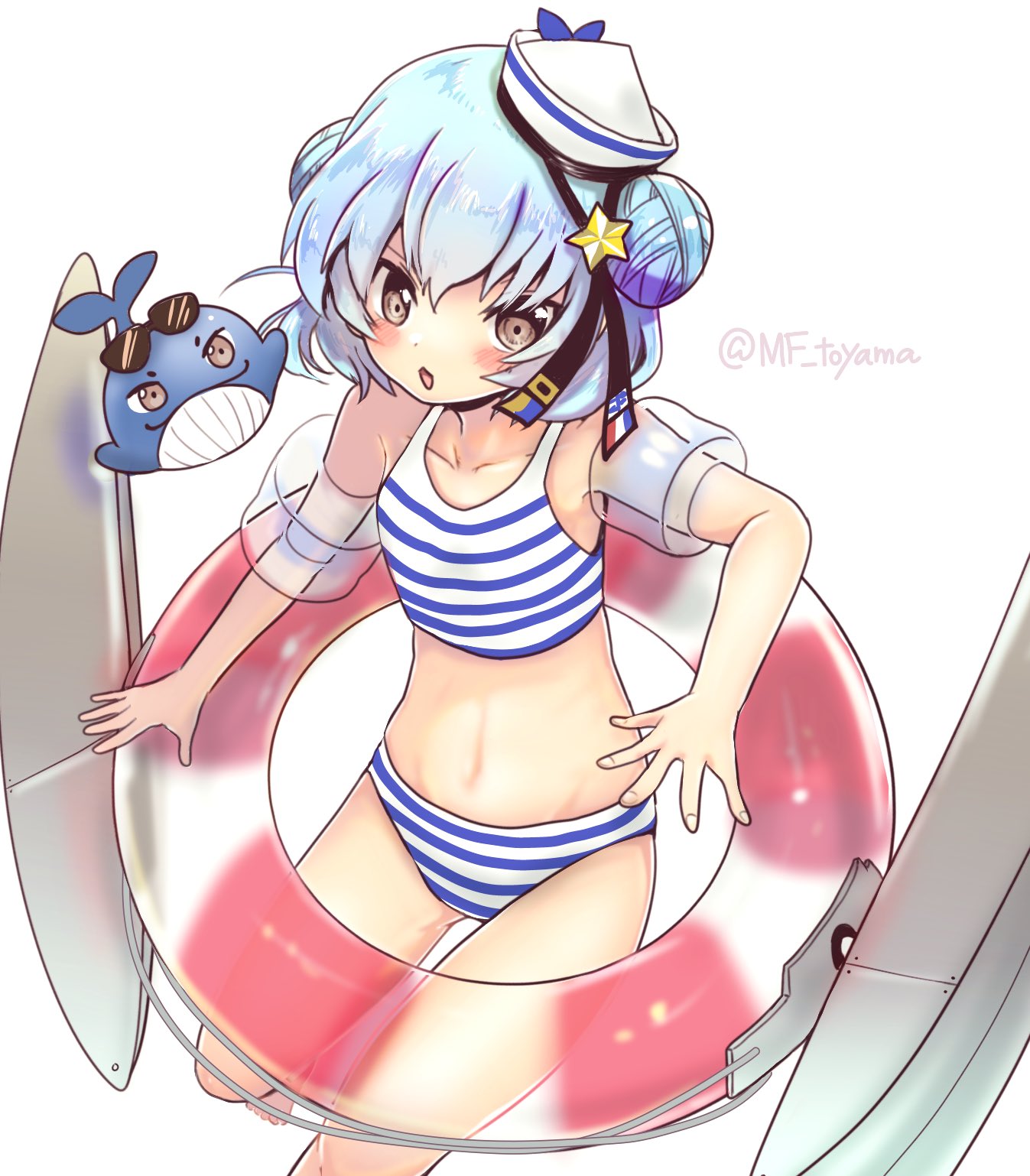 1girl 1other bikini black_ribbon blue_hair dixie_cup_hat double_bun eyewear_on_head feet_out_of_frame flat_chest hat hat_ribbon highres innertube kantai_collection leaning_forward little_blue_whale_(kantai_collection) looking_at_viewer machinery military_hat navy_cross open_mouth ribbon samuel_b._roberts_(kantai_collection) short_hair simple_background striped striped_bikini swimsuit toyama_hinata twitter_username whale white_background white_headwear yellow_eyes