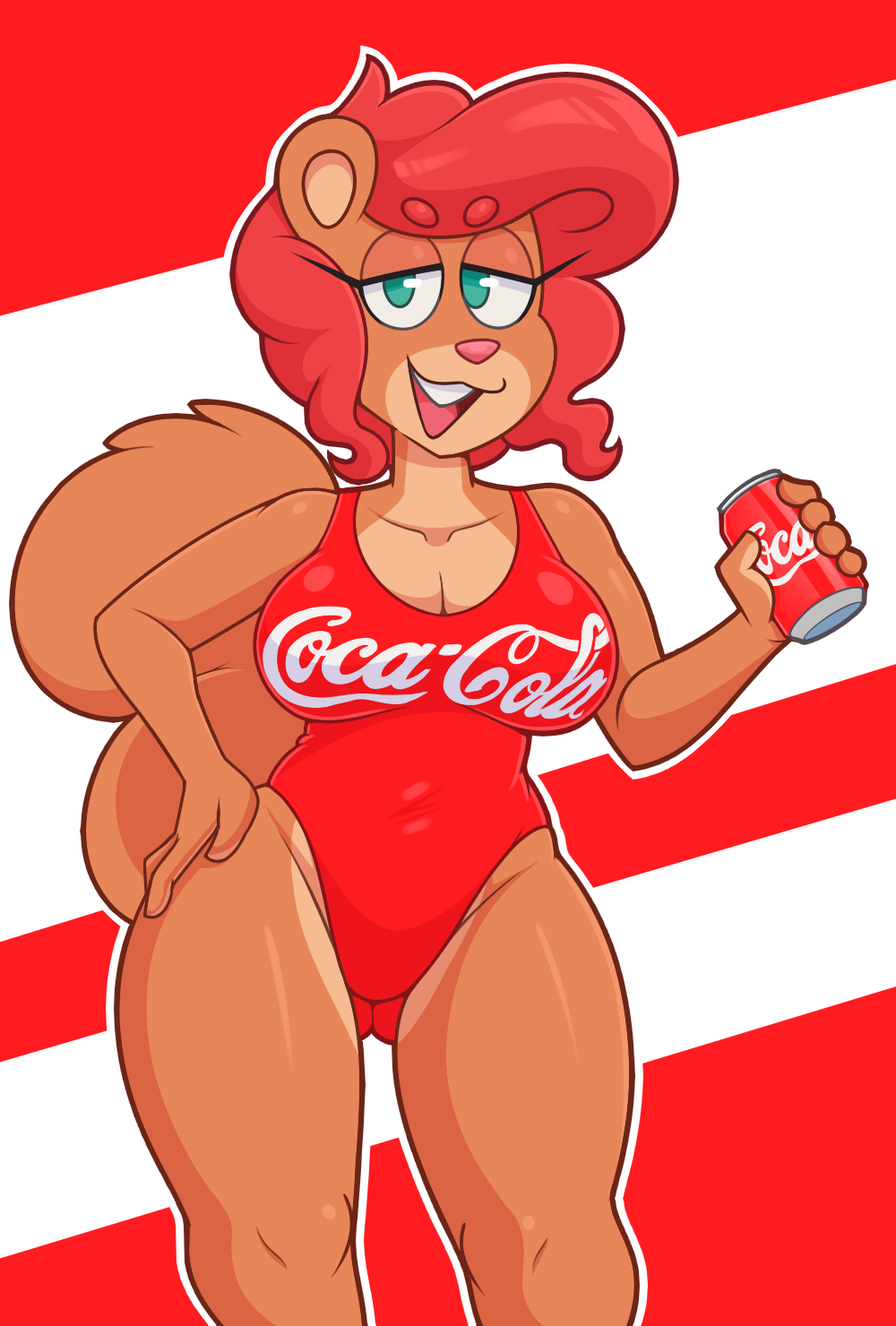 2019 acstlu anthro beverage_can breasts butt_from_the_front cleavage clothed clothing coca-cola female hair hi_res holding_object lizette looking_at_viewer mammal one-piece_swimsuit open_mouth red_hair rodent sciurid solo swimwear teal_eyes tree_squirrel