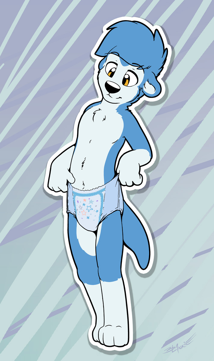 2018 4_fingers anthro black_nose blankieplush blue_fur diaper fingers fur hi_res island_(character) male mammal mustelid navel solo standing white_fur young