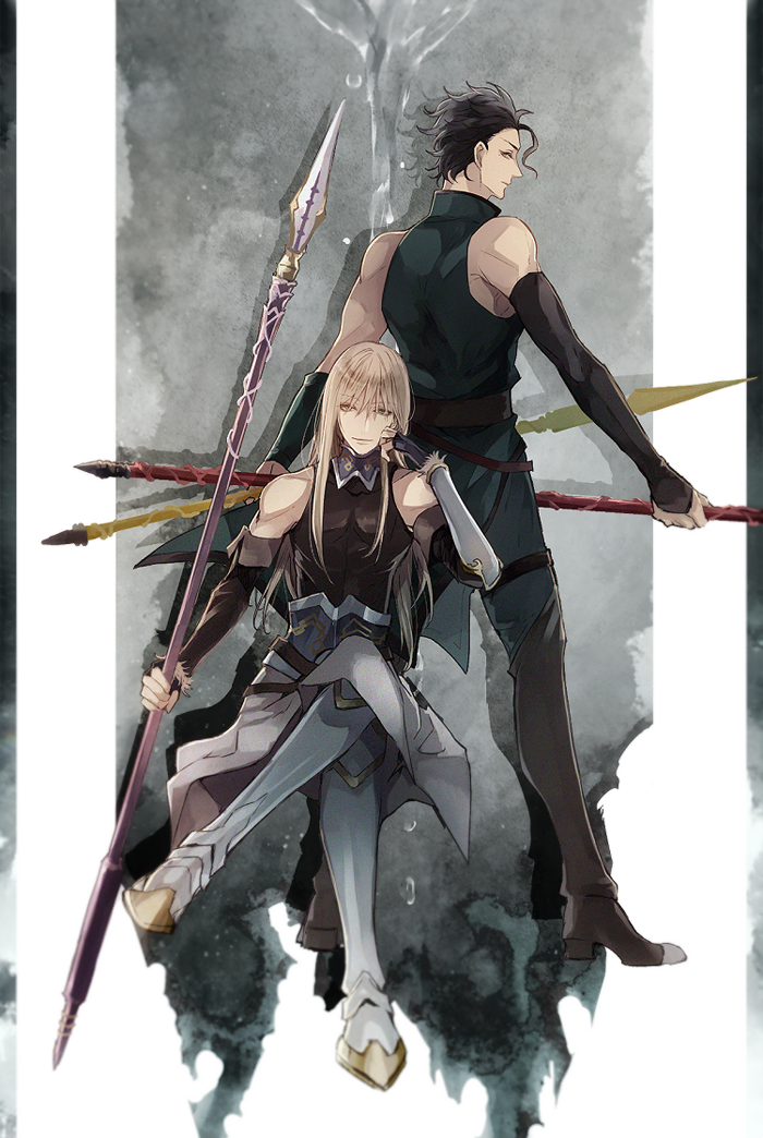 2boys armor armored_boots black_hair blonde_hair boots crossed_legs fate/grand_order fate_(series) fionn_mac_cumhaill_(fate/grand_order) from_behind gae_buidhe gae_dearg green_eyes hair_between_eyes holding holding_weapon lancer_(fate/zero) long_hair looking_at_viewer male_focus mole mole_under_eye multiple_boys polearm rata_to short_hair sitting smile spear standing thigh_boots thighhighs toned weapon