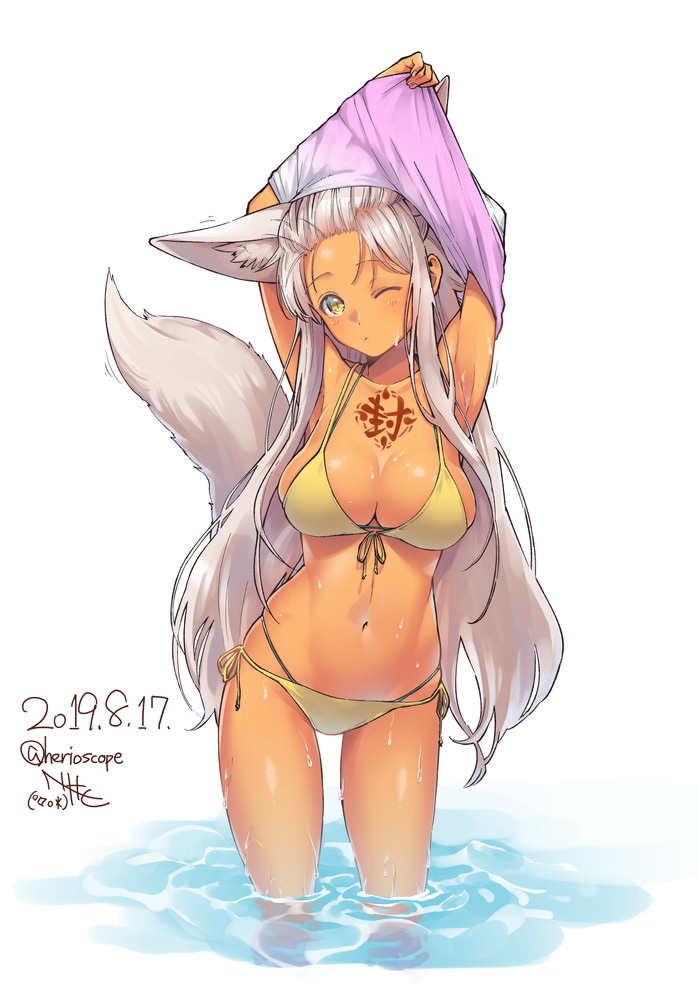 1girl animal_ear_fluff animal_ears armpits arms_up bikini black_eyes blush breasts cleavage closed_mouth dated forehead fox_ears fox_tail head_tilt heriwo_(haraheridou) large_breasts long_hair navel one_eye_closed original pink_shirt ribbon shirt side-tie_bikini signature silver_hair simple_background solo standing swimsuit tail tattoo thighhighs twitter_username undressing very_long_hair wading water white_background yellow_bikini yellow_eyes yellow_ribbon