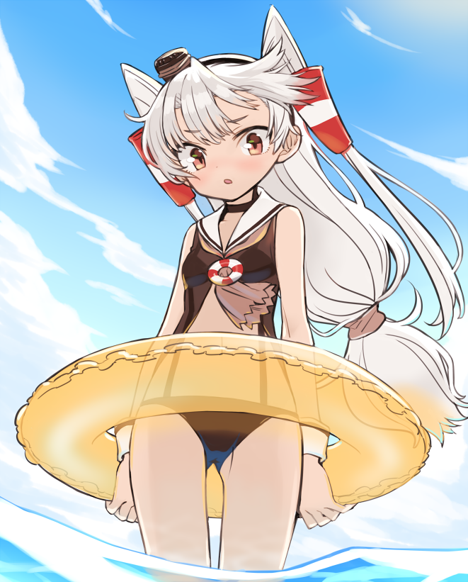 1girl amatsukaze_(kantai_collection) ass_visible_through_thighs blue_sky brown_swimsuit casual_one-piece_swimsuit cloud cowboy_shot day from_below hair_tubes innertube kantai_collection long_hair monaka_ooji one-piece_swimsuit outdoors sailor_collar sailor_swimsuit silver_hair sky soaking_feet solo standing swimsuit two_side_up water white_sailor_collar windsock