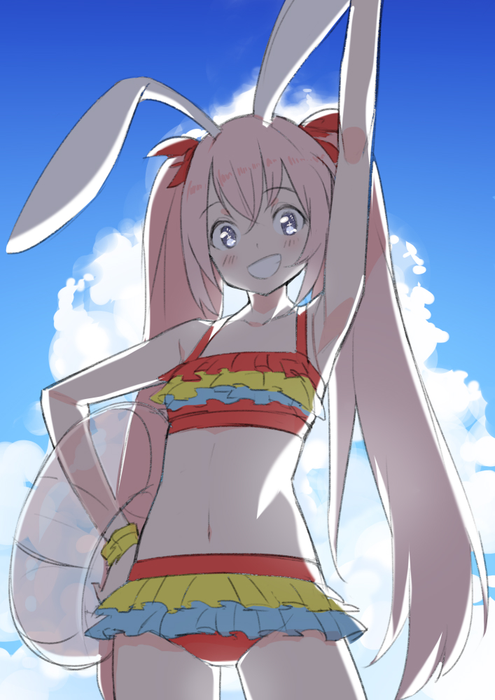1girl animal_ears arm_up bangs bare_arms bare_shoulders bikini blue_sky blush bunny_ears cloud cloudy_sky collarbone copyright_request cowboy_shot day eyebrows_visible_through_hair frilled_bikini frills grey_eyes grin hair_between_eyes hair_ribbon hand_on_hip innertube long_hair looking_at_viewer navel outdoors pink_hair red_bikini red_ribbon ribbon saiste sky smile solo swimsuit transparent twintails very_long_hair